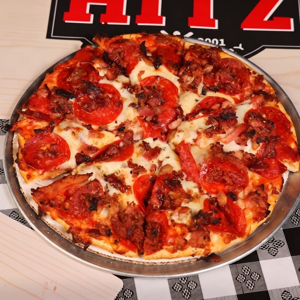 Pepperoni and bacon pizza with melted cheese served on a metal tray over a black-and-white checkered tablecloth.