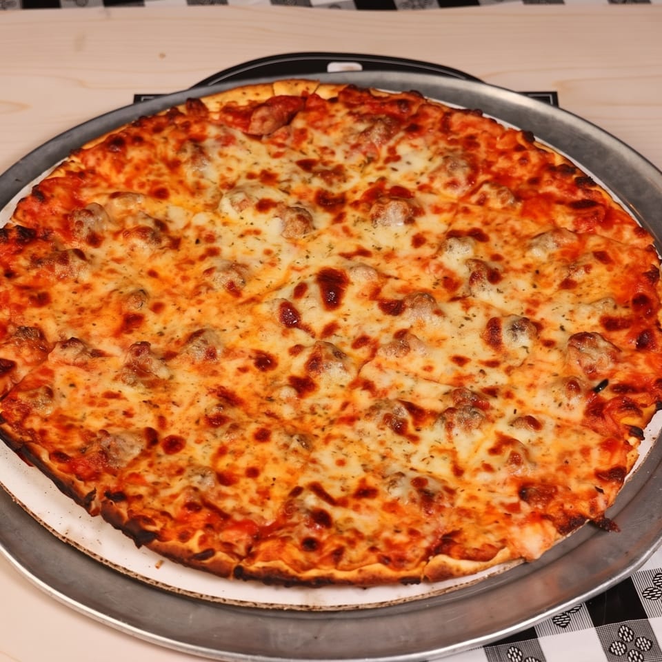 Large cheese and sausage pizza on a metal serving tray with a wooden-handled server, atop a checkered restaurant tablecloth.
