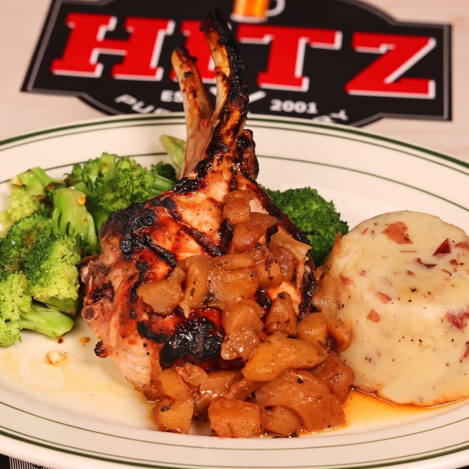 Grilled chicken breast topped with sautéed mushrooms, served with broccoli and a baked potato on a restaurant plate.